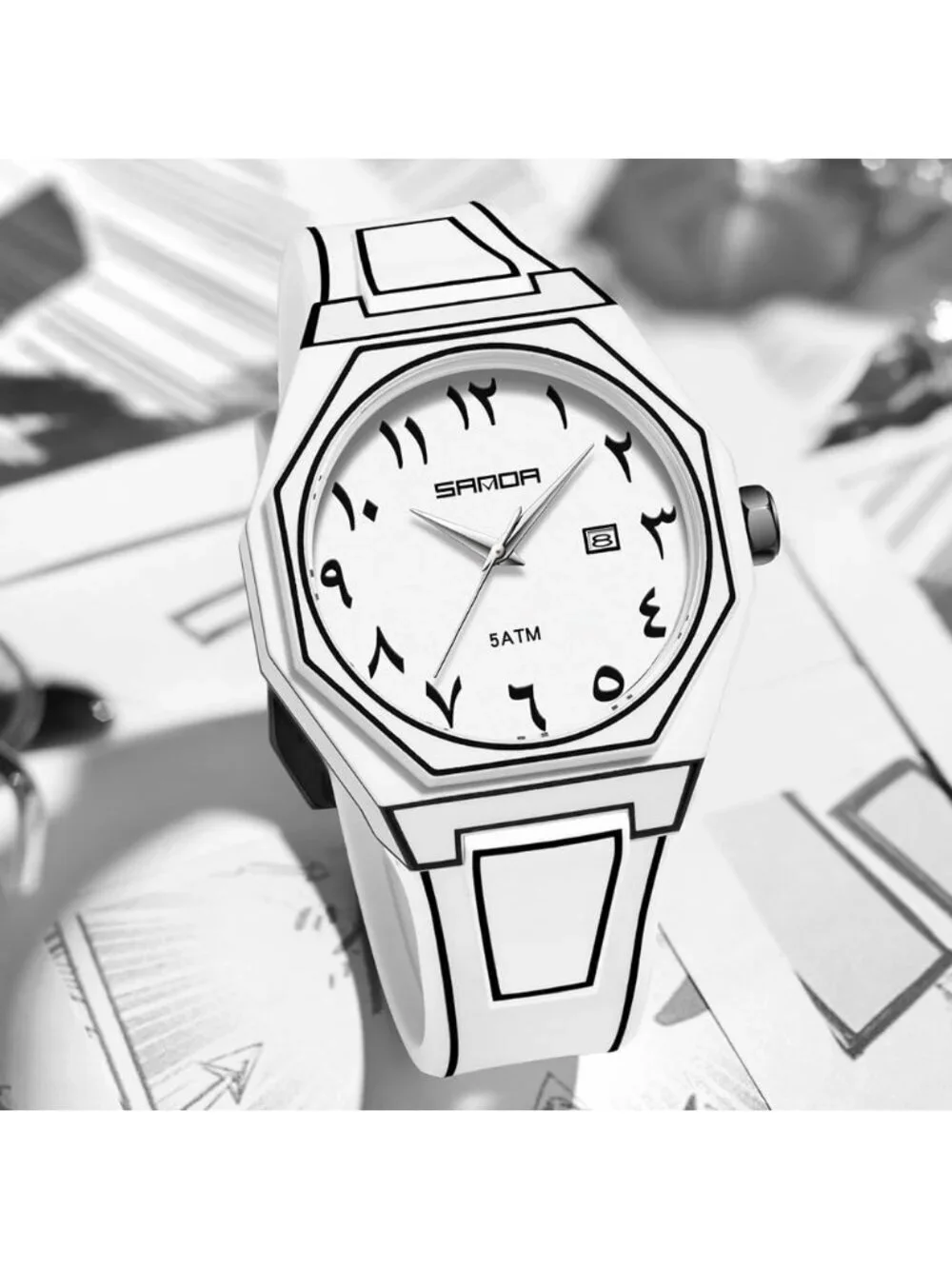 Men's White Analog Silicone Strap Unique Anime-Inspired Arabic Dial Wrist Watch